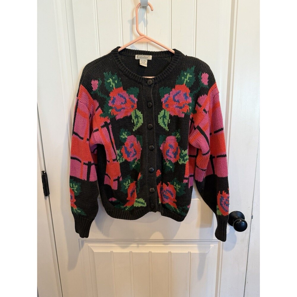 Vintage Gallagher Cardigan Womens M Ramie Cotton Floral Rose Intarsia 80s 90s